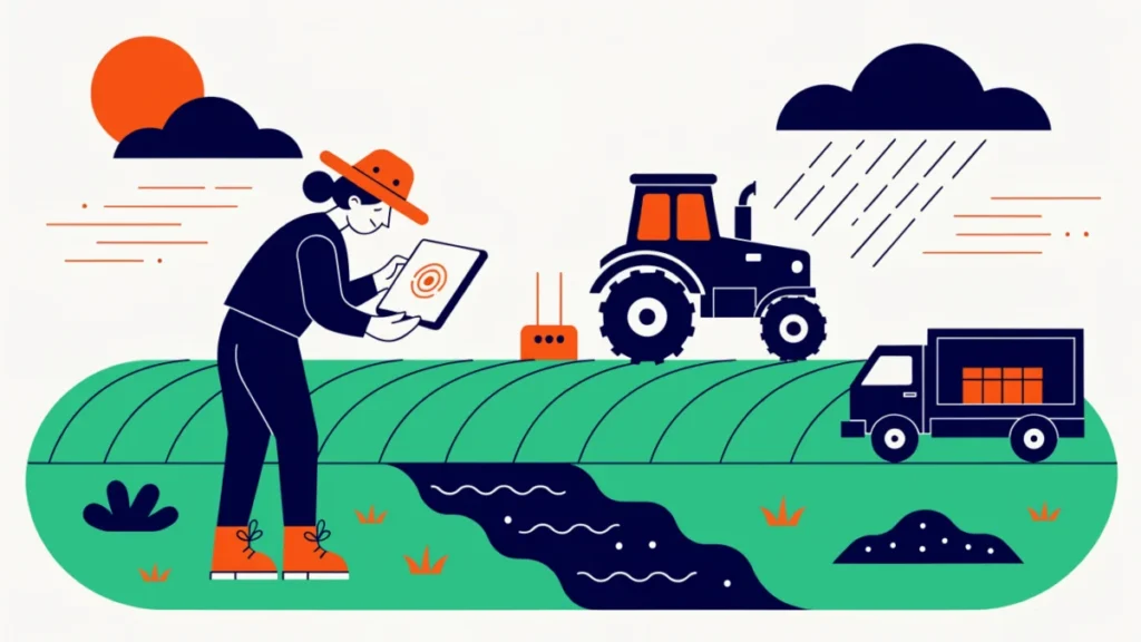 Farmer checking a soil sensor under changing weather, illustrating factors affecting farming