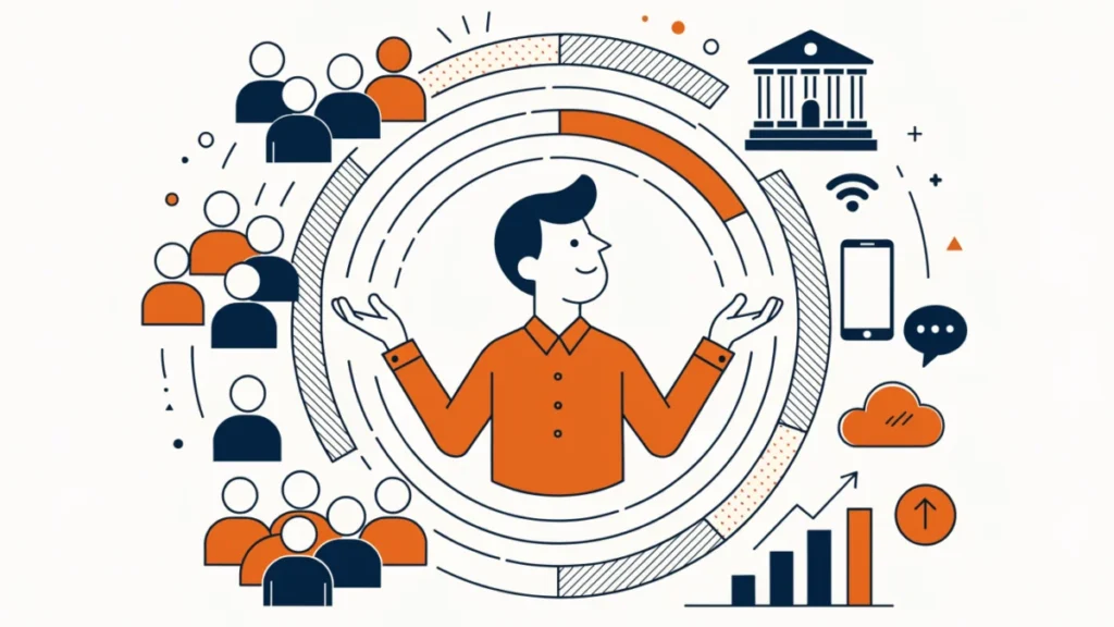 Marketer surrounded by customers, competitors, government and economy, illustrating the marketing environment