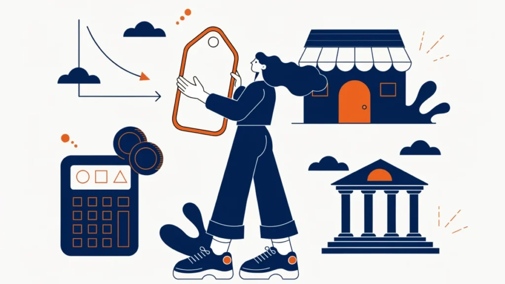 Pricing manager with a price tag, cost calculator, competitor and demand curve, illustrating pricing factors