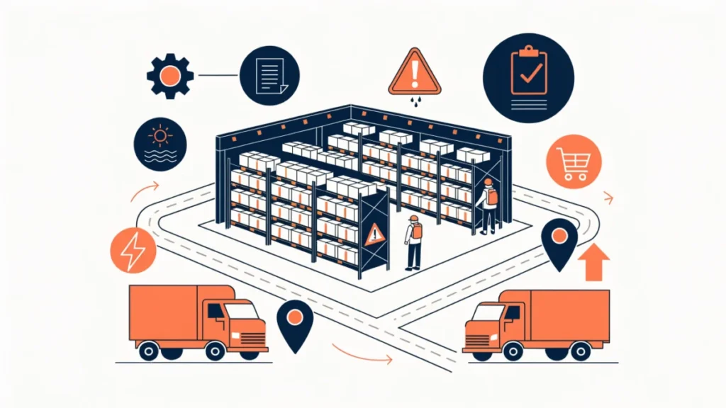 Warehouse at a highway junction with automation and safety signs, illustrating warehousing factors