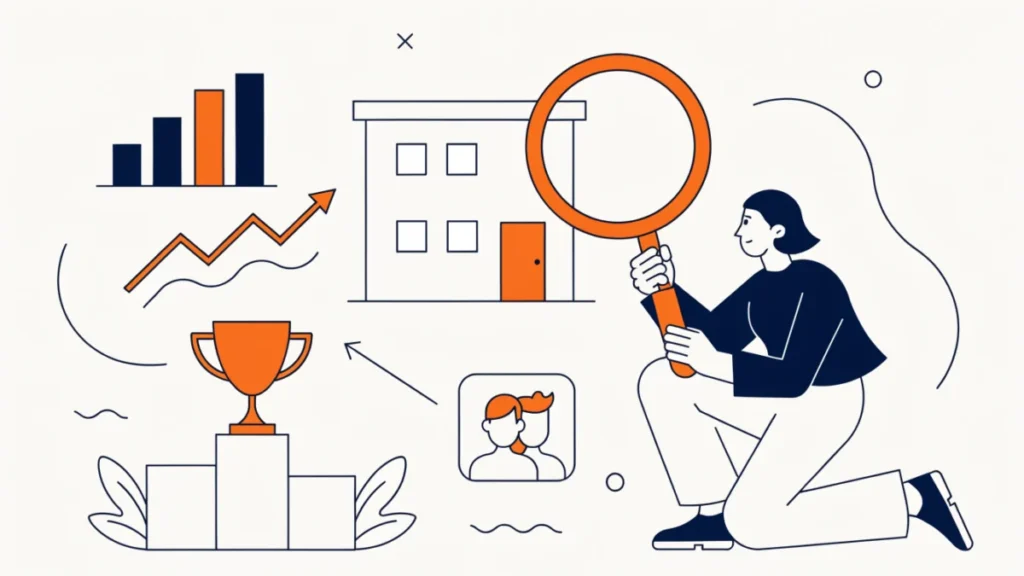 Credit analyst examining a company with financial charts and market position icons