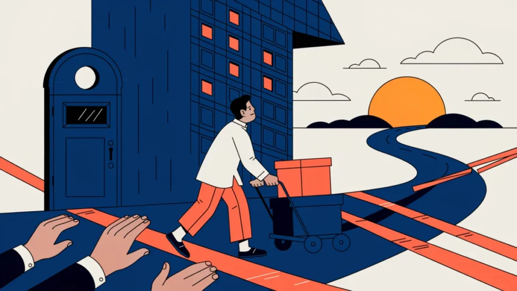 Entrepreneur pushing a cart past red tape and a corporate tower, illustrating barriers to entrepreneurship in India