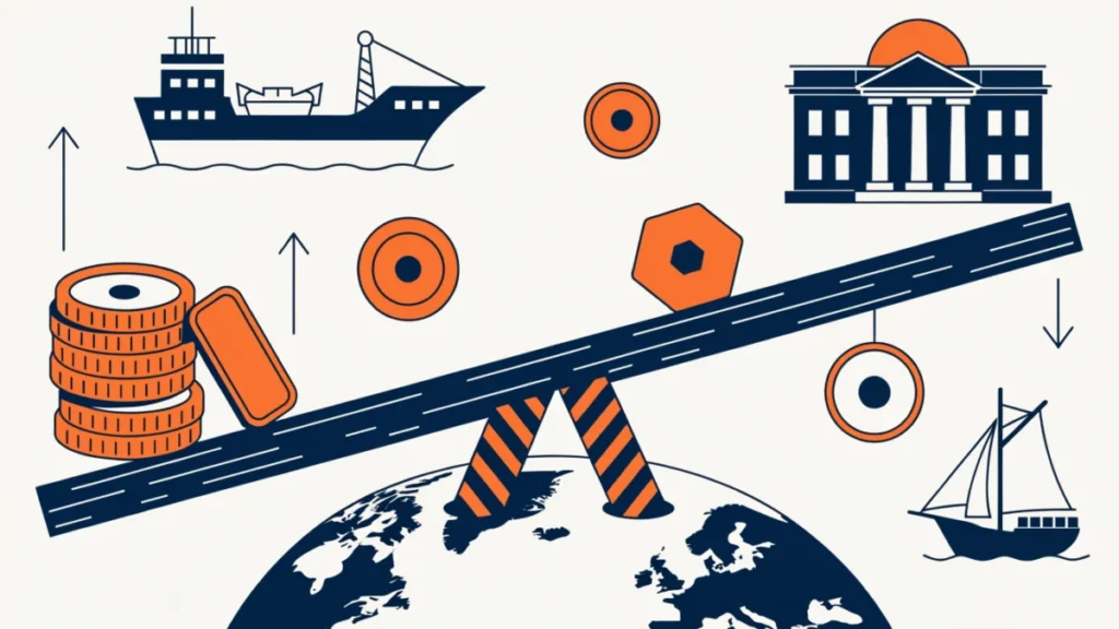 Currency coins balanced on a seesaw over a globe with trade and central bank icons