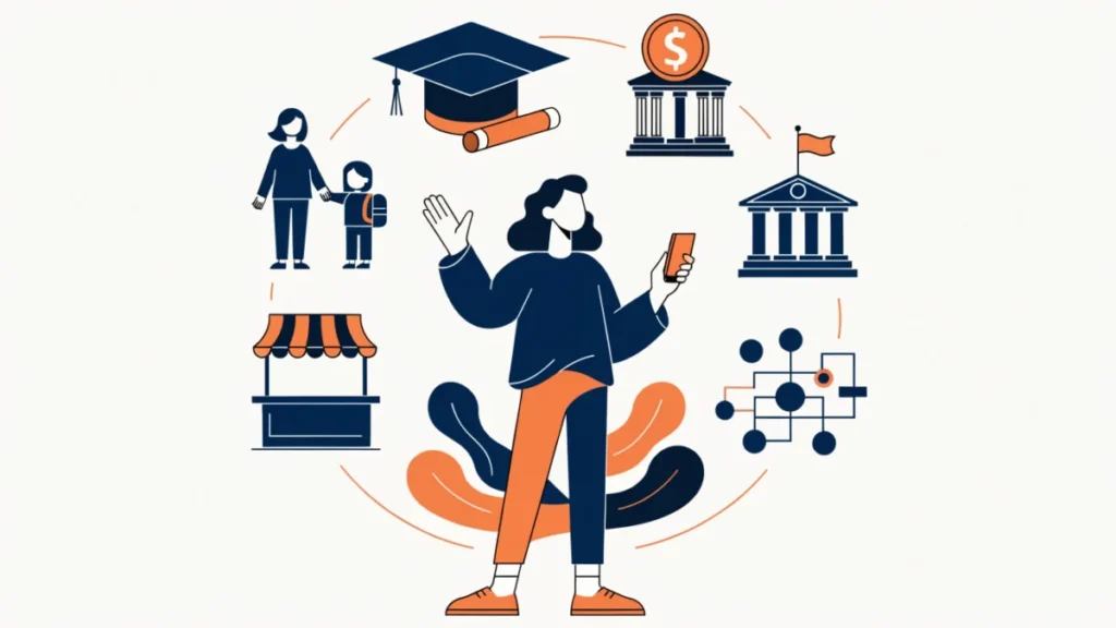 Entrepreneur surrounded by family, education, finance, government and market influences, illustrating factors influencing entrepreneurship
