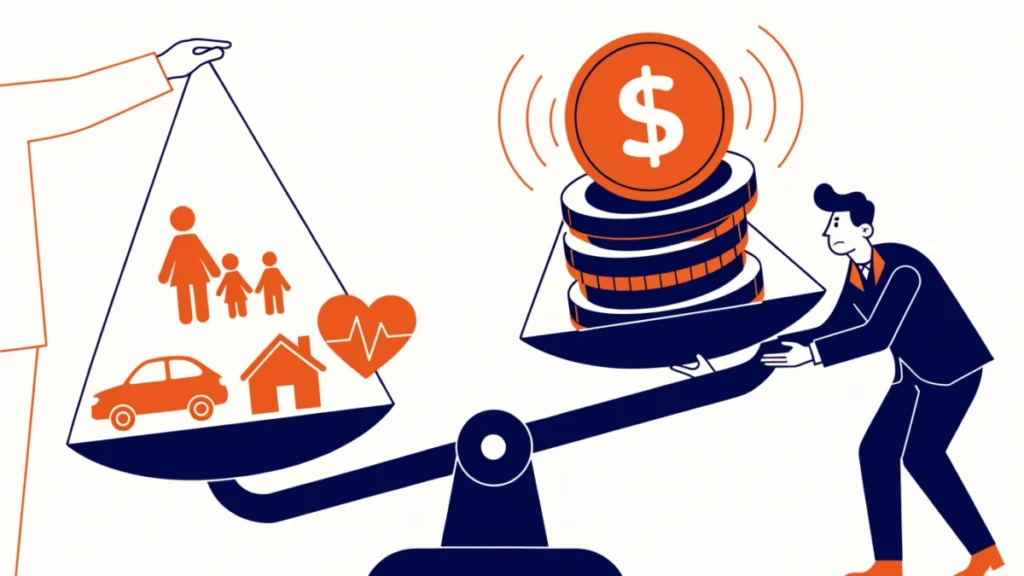 Agent weighing family, car, house and health against premium coins, illustrating insurance premium factors