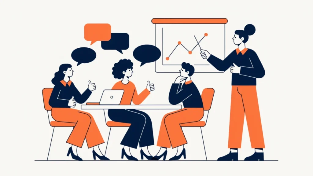Speaker presenting while colleagues listen and give feedback, illustrating effective communication