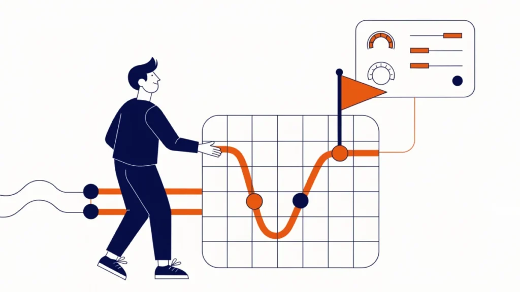Manager at a planning board with goal flag and alternative routes, illustrating good planning