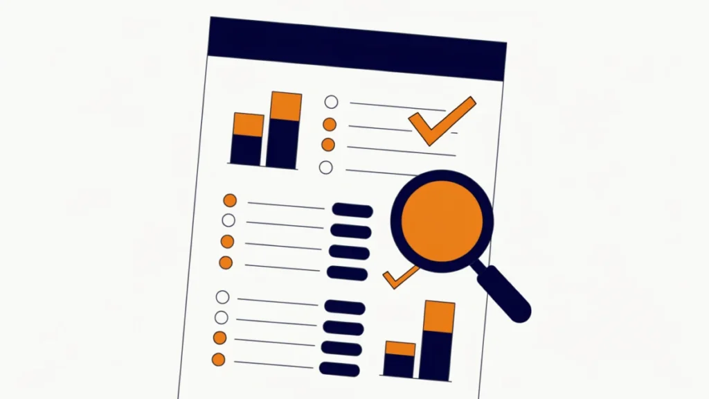 Neat financial statement with charts under a magnifying glass, illustrating features of an ideal financial statement