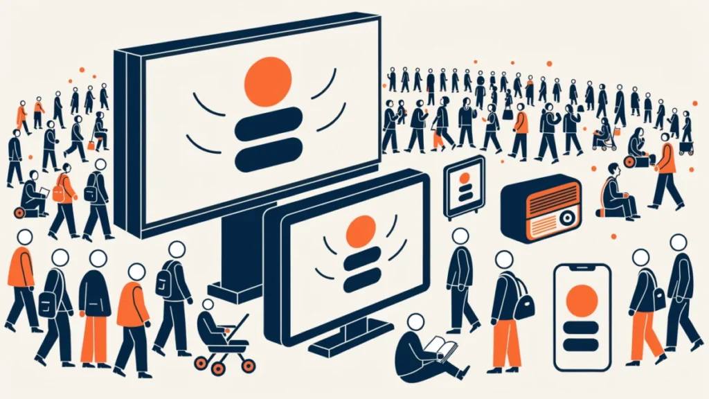 Billboard, TV, radio and phone showing one ad to a crowd, illustrating features of advertising