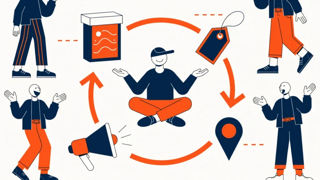 Marketer at the centre of product, price, place and promotion icons, illustrating features of marketing