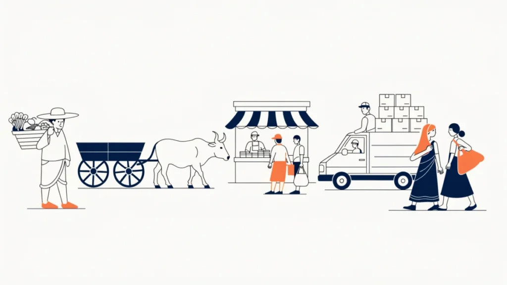 Village market with farmer, small shop and delivery van, illustrating features of rural marketing