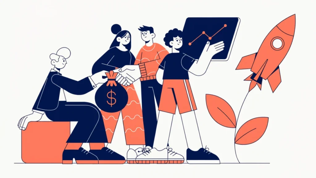 Investor funding a startup team beside a seedling growing into a rocket