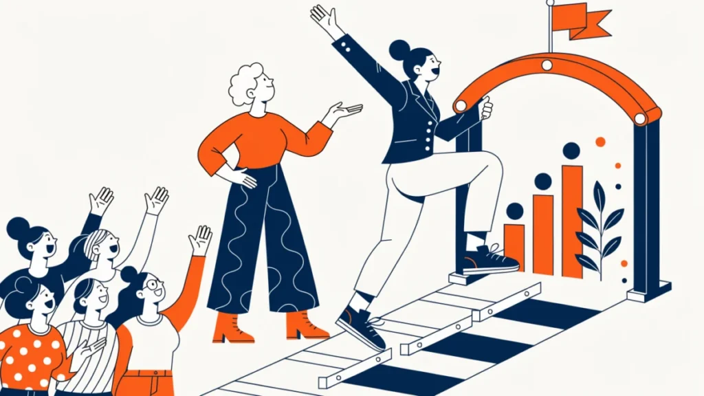 Woman entrepreneur clearing hurdles while mentors cheer her on