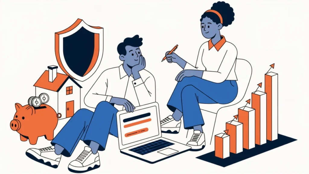 Couple planning finances with a piggy bank, insurance shield and house model