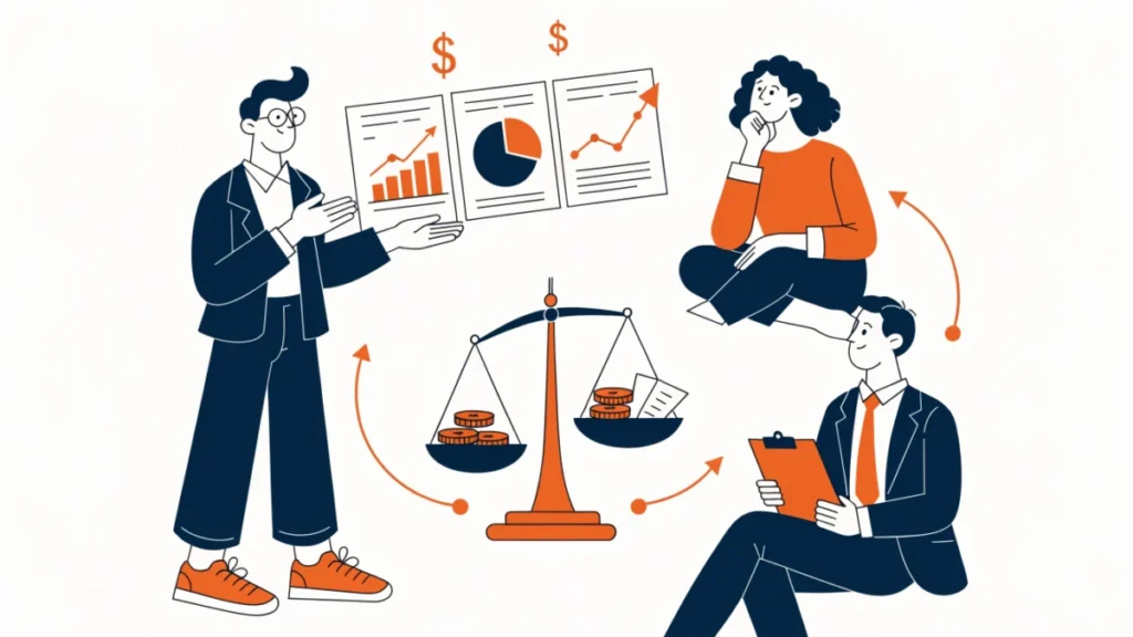 Accountant presenting financial statements to investors and a banker