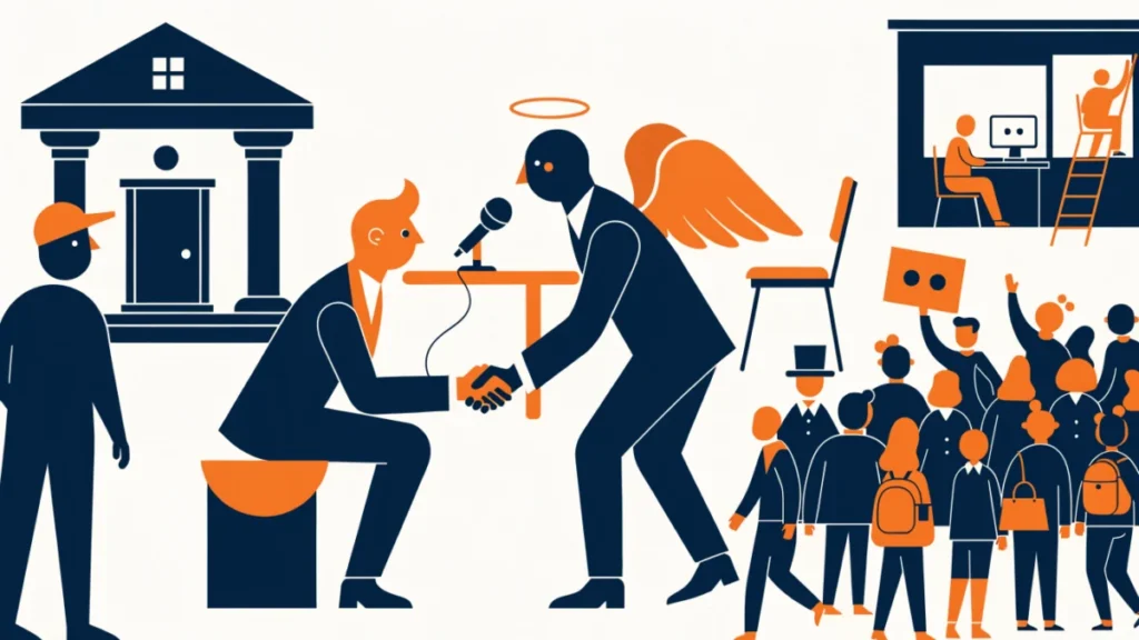 Founder shaking hands with an angel investor at a pitch event