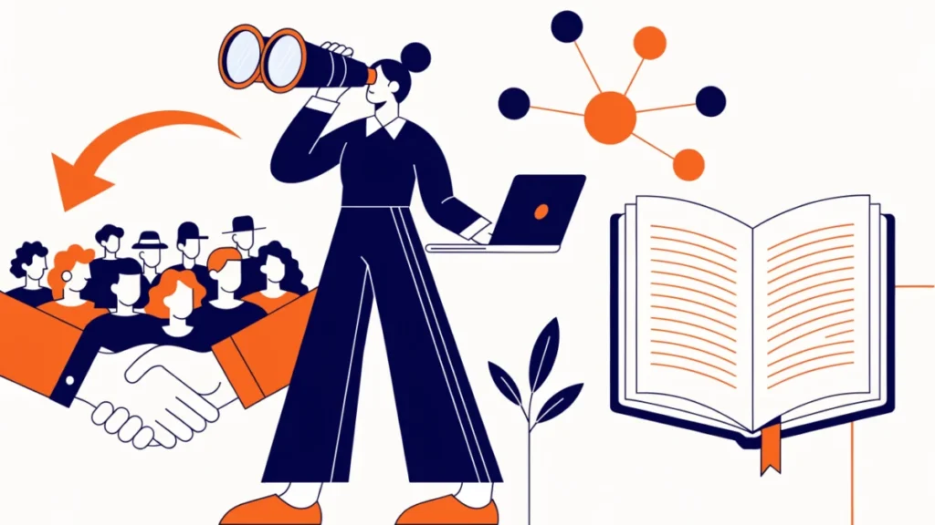 Salesperson spotting prospects in a crowd with referral, directory and network icons