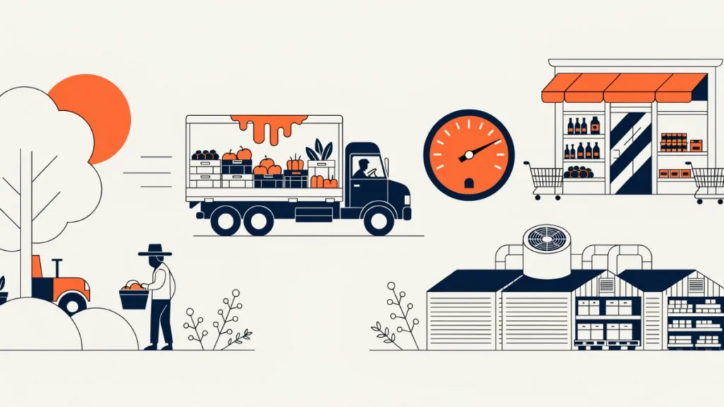 Refrigerated truck carrying fresh produce from farm to store