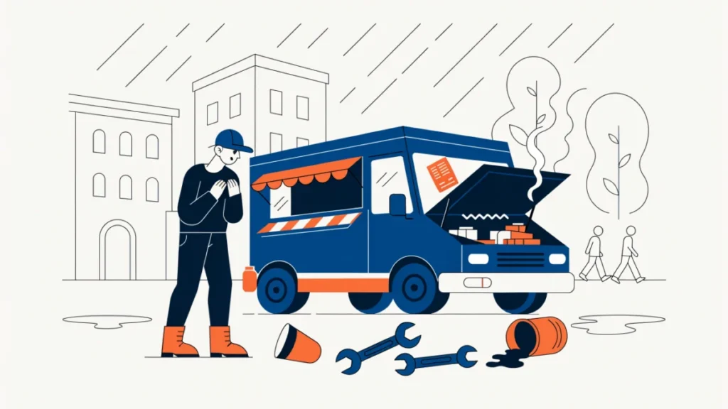 Food truck on a rainy street with a parking ticket and engine trouble, illustrating food truck drawbacks
