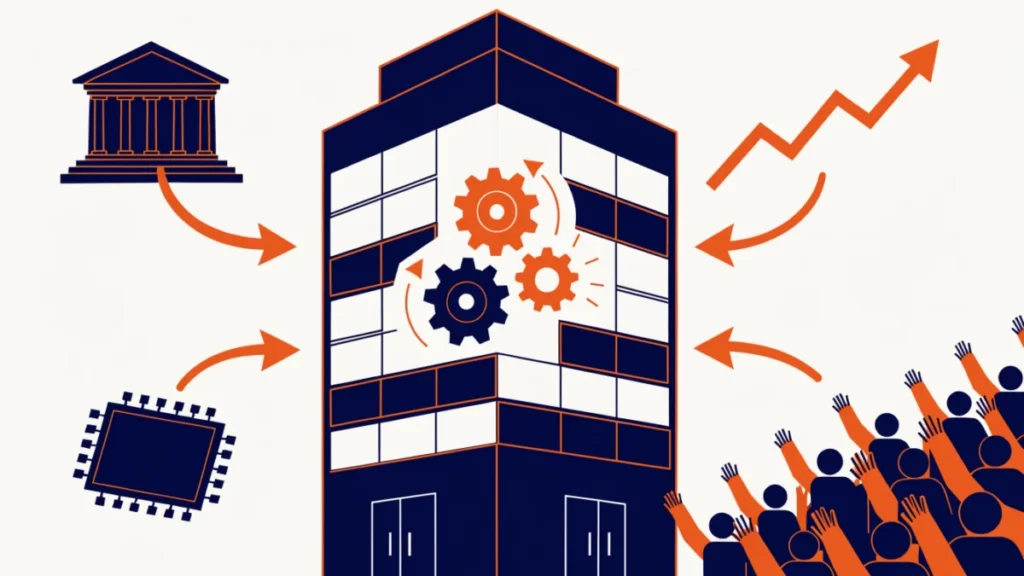 Office with internal gears and external pressures from government, market, technology and society, illustrating forces of organizational change