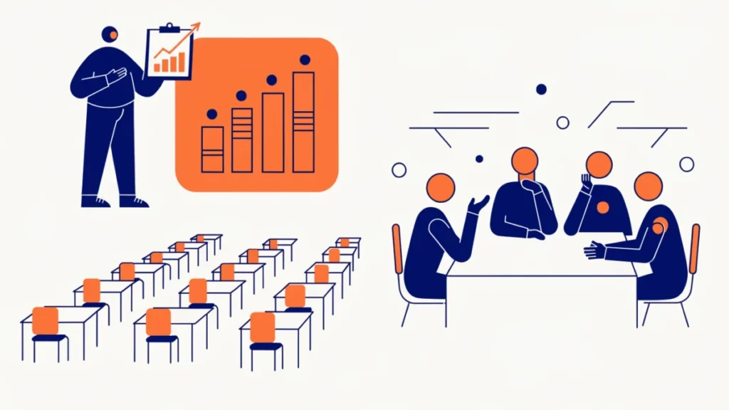 HR planner with a staffing forecast and experts estimating, illustrating manpower forecasting