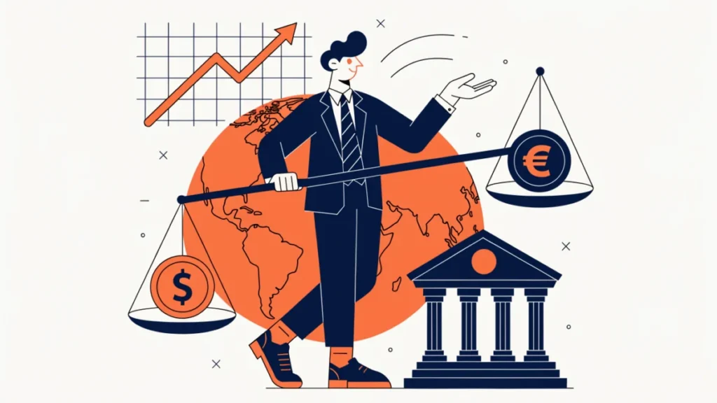 Two currency coins on a balance scale before a globe and exchange rate chart