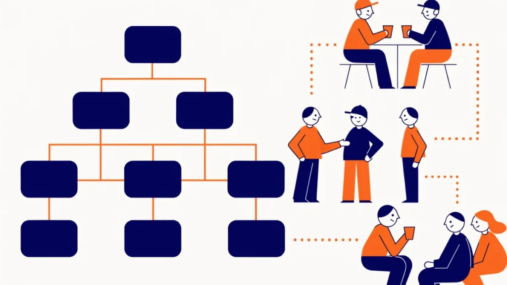 Neat org chart beside casual groups of chatting employees