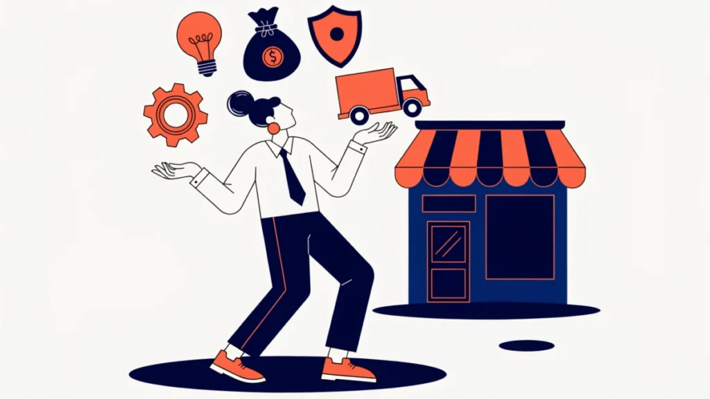 Entrepreneur juggling idea, money, risk and production icons, illustrating functions of an entrepreneur