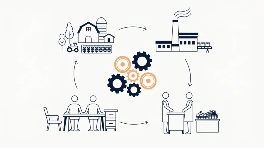 Circular flow linking farms, factories, households and markets, illustrating functions of an economic system