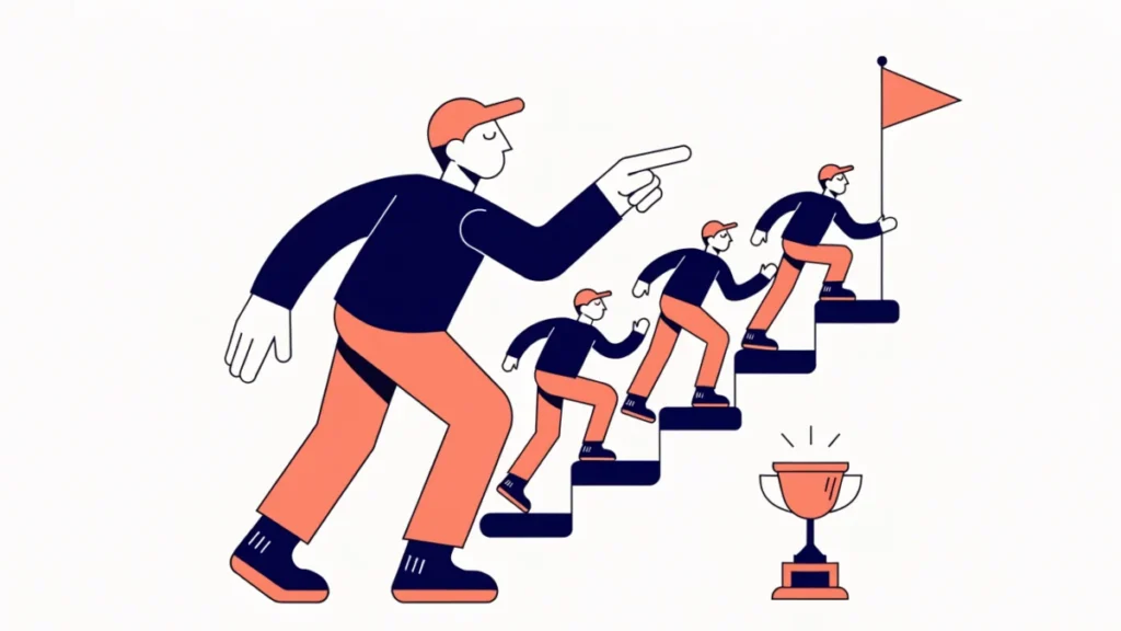 Leader guiding a team up steps toward a goal flag, illustrating functions of leadership