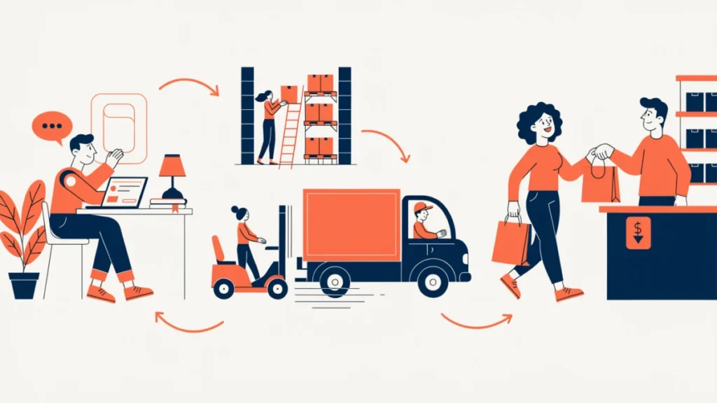 Product moving from design to warehouse, truck, pricing and a happy customer