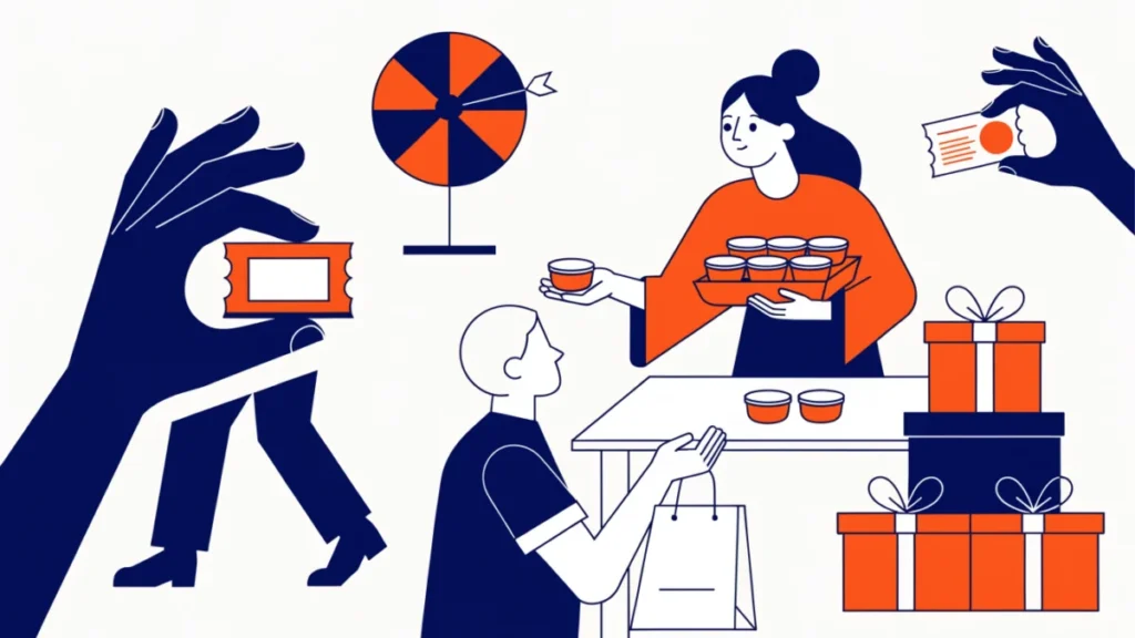 Promoter handing samples and coupons to shoppers, illustrating functions of sales promotion