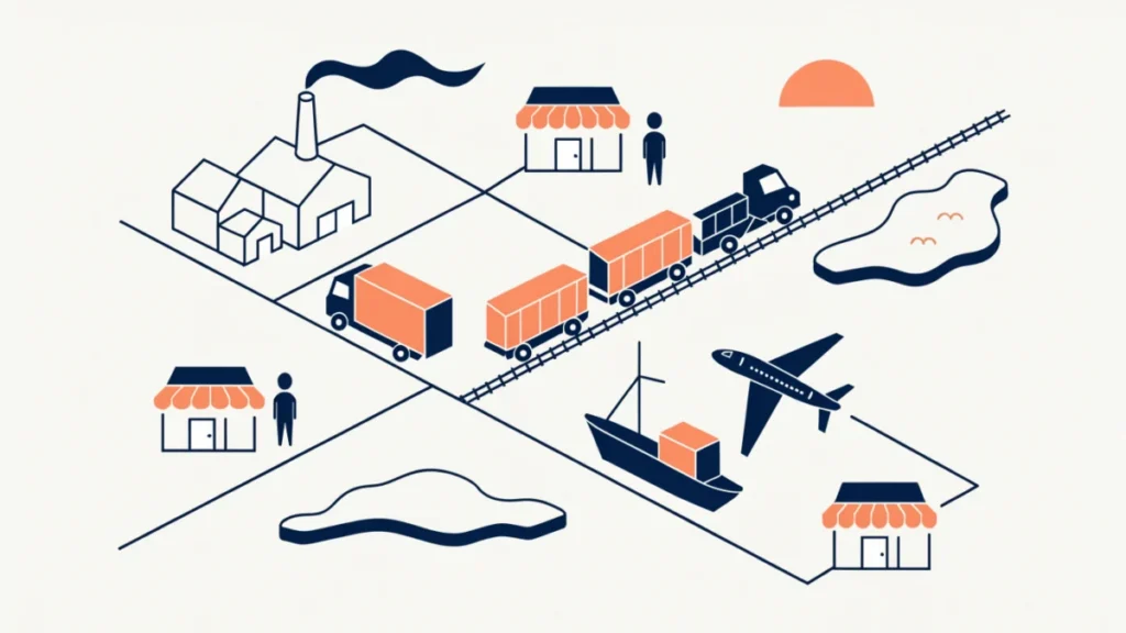 Trucks, trains, ships and planes moving goods to shops, illustrating functions of transportation in marketing