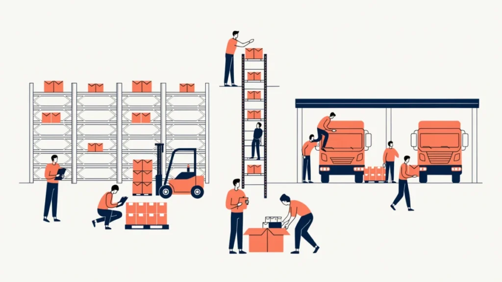 Warehouse with racks, forklift, packing workers and loading docks