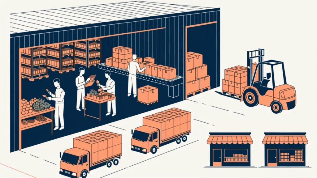 Warehouse workers grading and packing goods for delivery to shops, illustrating functions of wholesalers
