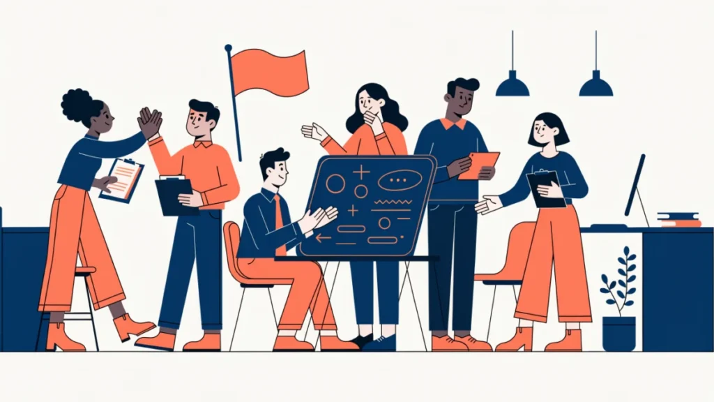 Employees collaborating around a shared values board, illustrating organizational culture