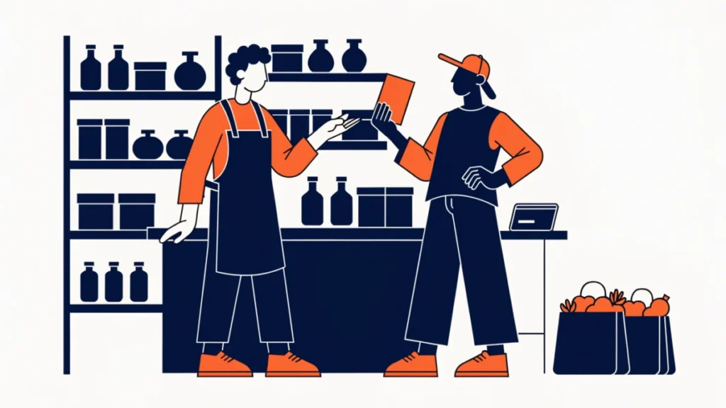 Shopkeeper helping a customer with delivery bags and credit ledger, illustrating functions of retailers