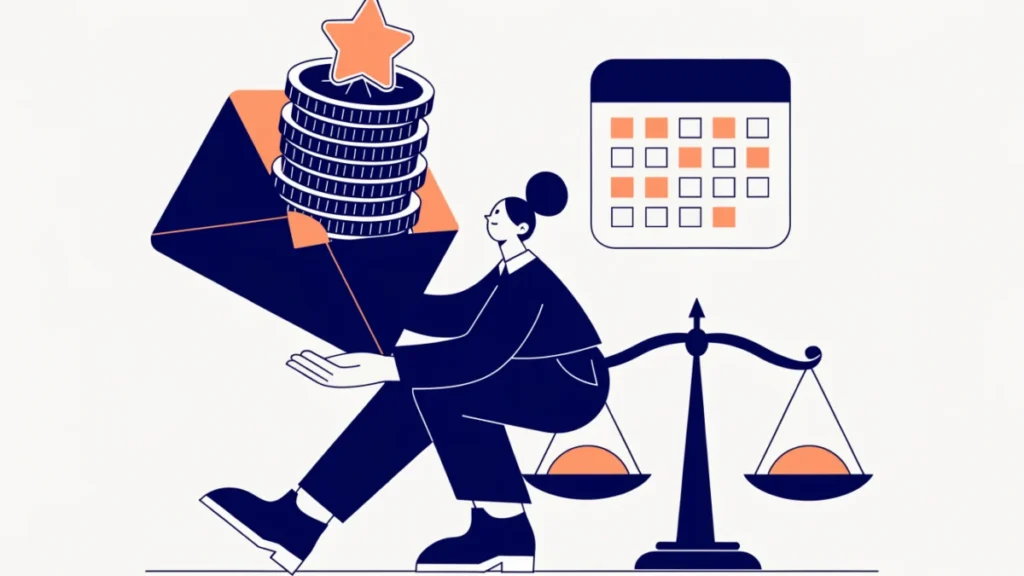Salesperson receiving base pay plus a bonus beside a fairness scale