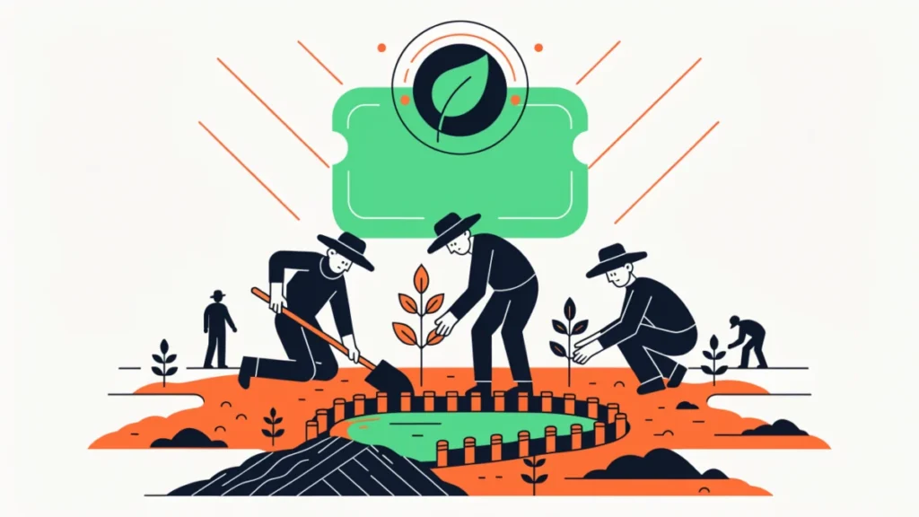 Villagers planting saplings and building a pond for green credits