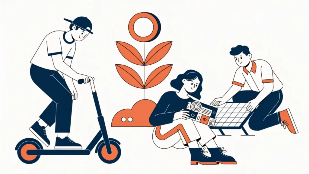 Eco startup team with an electric scooter and solar panel