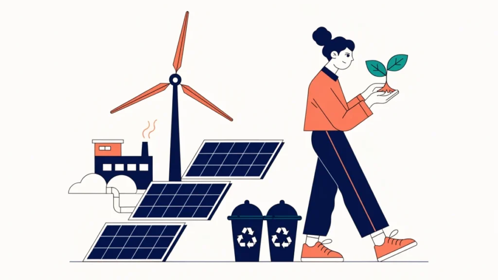 Entrepreneur with a seedling beside solar panels and wind turbine, illustrating green entrepreneurship