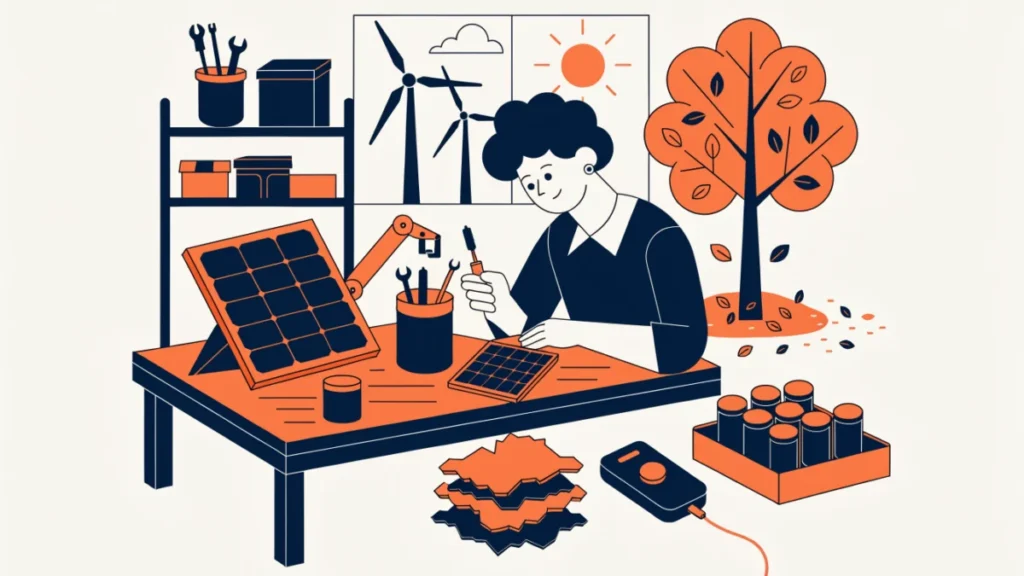 Founder building solar and recycled products with wind turbines outside