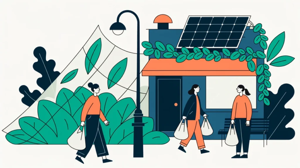 Storefront with green leaves, recycled packaging and a solar panel