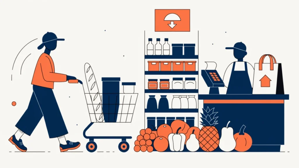 Shopper with a cart passing fresh produce and discount signs in a grocery store