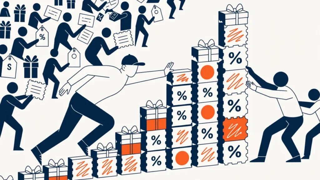 Bar chart of coupons and gift boxes rising, illustrating rapid growth of sales promotion