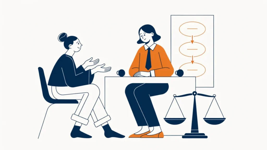 HR manager listening to an employee beside a procedure board and balance scale