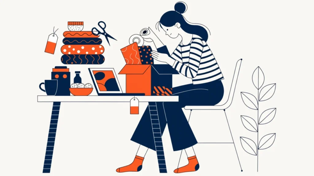 Woman running a small business from her home workspace and packing an order