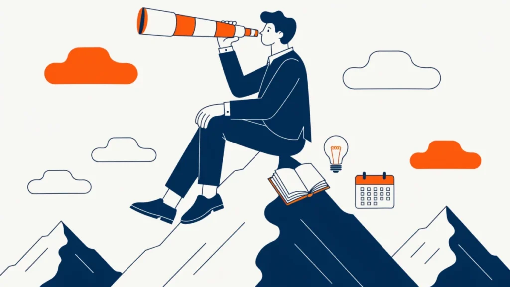 Businessperson on a summit looking through a telescope at distant goals