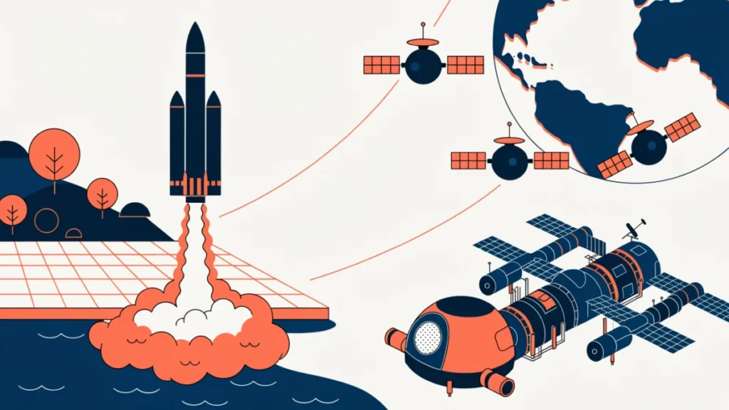 Private rocket launch with satellites and a cargo capsule at a space station, illustrating space company revenue