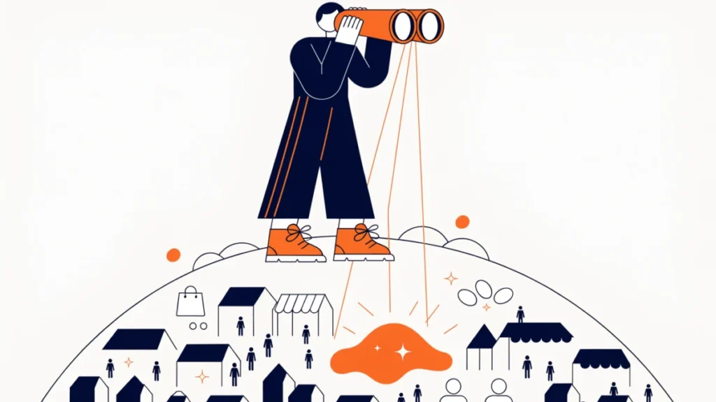 Entrepreneur with binoculars spotting a market opportunity, illustrating identifying business opportunities